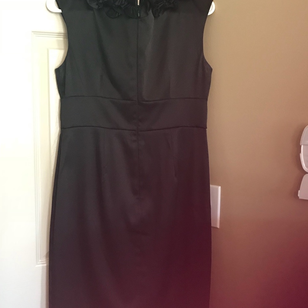 London Times Black Satin Ruffle Sheath Dress